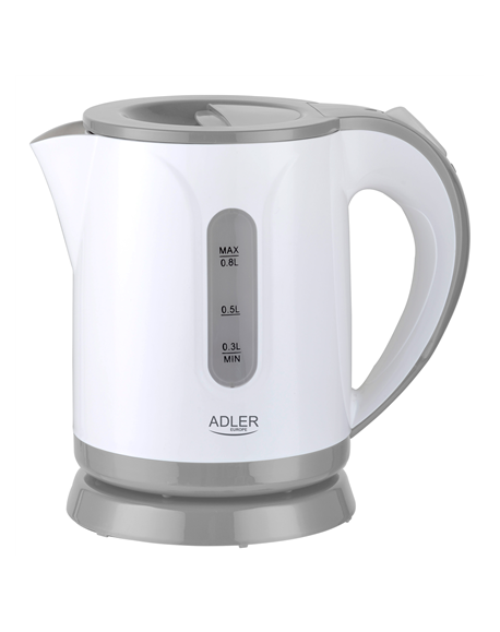 Adler Kettle AD 1371g Electric, 850 W, 0.8 L, Stainless steel/Polypropylene, 360° rotational base, White/Grey