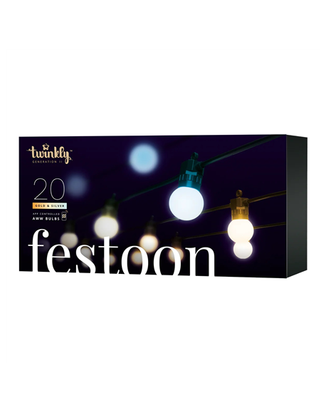 Twinkly Festoon Smart LED Lights 20 AWW (Gold+Silver) G45 bulbs, 10m