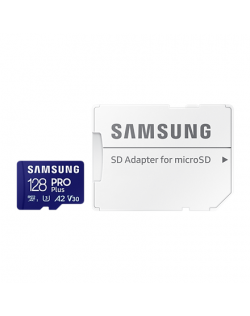 Samsung MicroSD Card with SD Adapter PRO Plus 128 GB, microSDXC Memory Card, Flash memory class U3, V30, A2, SD adapter