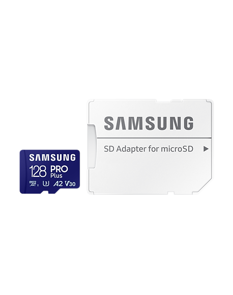 Samsung MicroSD Card with SD Adapter PRO Plus 128 GB, microSDXC Memory Card, Flash memory class U3, V30, A2, SD adapter