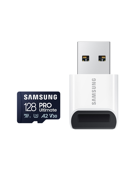 Samsung MicroSD Card with Card Reader PRO Ultimate 128 GB, microSDXC Memory Card, Flash memory class U3, V30, A2