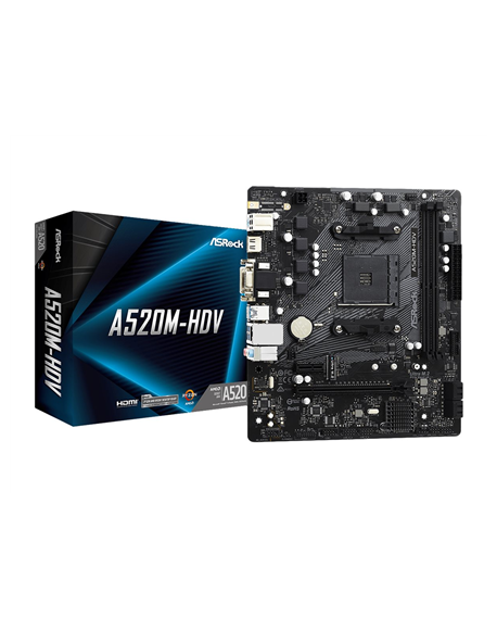 ASRock A520M-HDV Processor family AMD Processor socket AM4 DDR4 DIMM Memory slots 2 Supported hard disk drive interfaces SATA, M