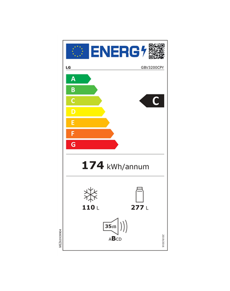 LG Refrigerator GBV3200CPY Energy efficiency class C Free standing Combi Height 203 cm No Frost system Fridge net capacity 277 L