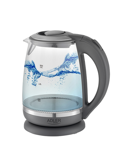 Adler Kettle AD 1286 Standard, 2200 W, 2 L, Plastic/ glass, Grey/ transparent, 360° rotational base