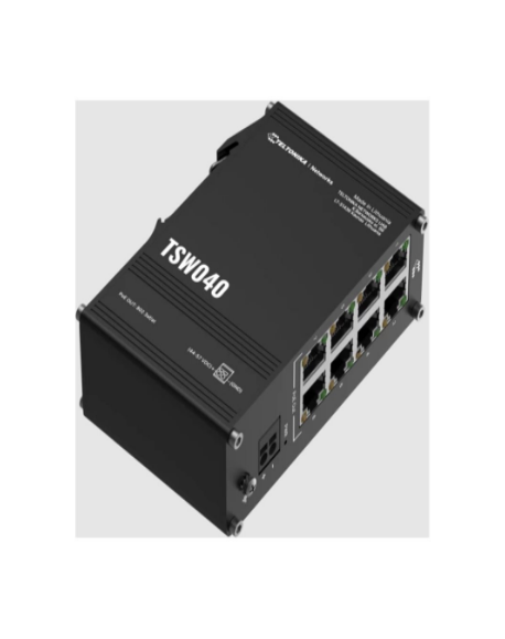 Teltonika TSW040 Unmanaged 8-port PoE+Industrial Switch, 2-pin industrial DC power socket, 7 – 57 VDC, PoE-out 44-57 VDC, DIN ra