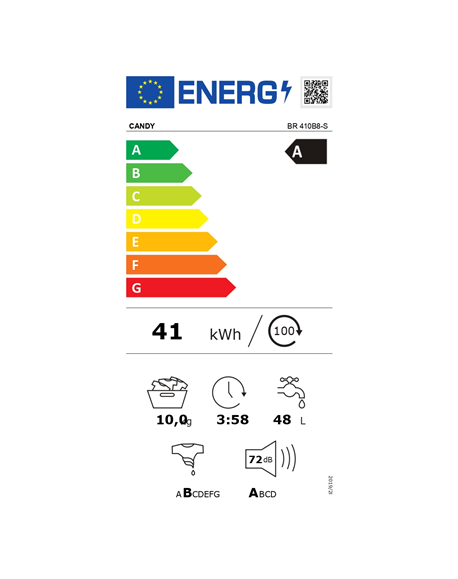Candy Washing Machine | BR 410B8-S | Energy efficiency class A | Front loading | Washing capacity 10 kg | 1400 RPM | Depth 60 cm