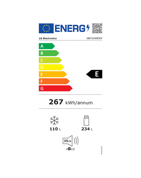LG Refrigerator | GBV3100ESW | Energy efficiency class E | Free standing | Combi | Height 186 cm | No Frost system | Fridge net 