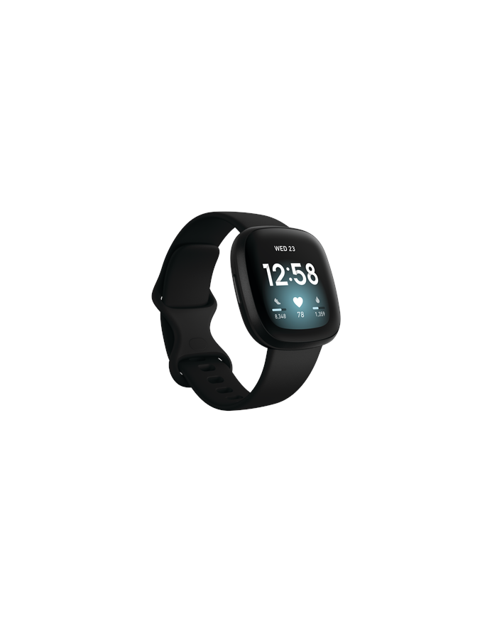 Fitbit Versa 3 Smart watch, GPS (satellite), AMOLED, Touchscreen, Heart rate monitor, Activity monitoring 24/7, Waterproof, Bluetooth, Wi-Fi, Black/Black Aluminum