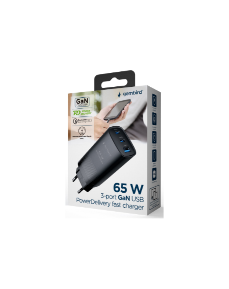 Cablexpert TA-UC-PDQC65-01-BK 3-port 65 W GaN USB PowerDelivery fast charger, black | Cablexpert