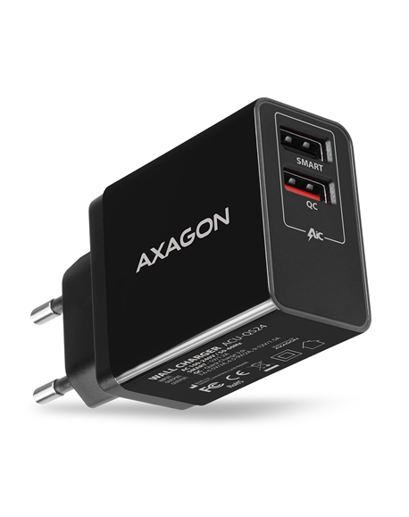 AXAGON Dual wallcharger 240V/2x USB port QC3.0/AFC/FCP and 5V-1.2A, 24W | ACU-QS24