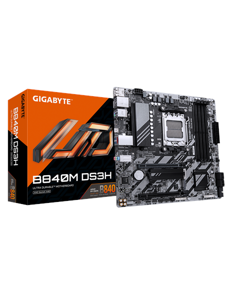 Gigabyte B840M DS3H | Processor family AMD | Processor socket AM5 | DDR5 | Supported hard disk drive interfaces SATA, M.2 | Numb