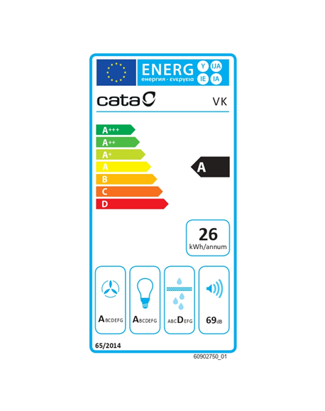 CATA Hood | VK 6000 WH | Wall mounted | Energy efficiency class A | Width 60 cm | 398 m³/h | Push buttons | CSLED | White