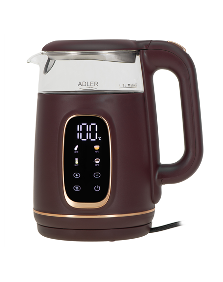 Adler Kettle with LED Display | AD 1305 | Electric | 2200 W | 1.7 L | Plastic | 360° rotational base | Burgundy