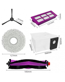 Midea V15 Spare Parts kit: 1x Side Brush, 2x Mop Pad, 1x Roller Brush, 1x Filter, 1x Dust Bag