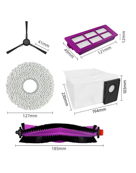 Midea V15 Spare Parts kit: 1x Side Brush, 2x Mop Pad, 1x Roller Brush, 1x Filter, 1x Dust Bag