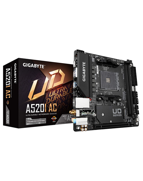 Gigabyte A520I AC Processor family AMD, Processor socket AM4, DDR4 DIMM, Memory slots 2, Number of SATA connectors 4 x SATA 6Gb/