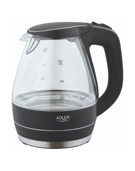 Kettle Adler Kettle AD 1224 Standard, Glass, Black, 2000 W, 360° rotational base, 1.5 L