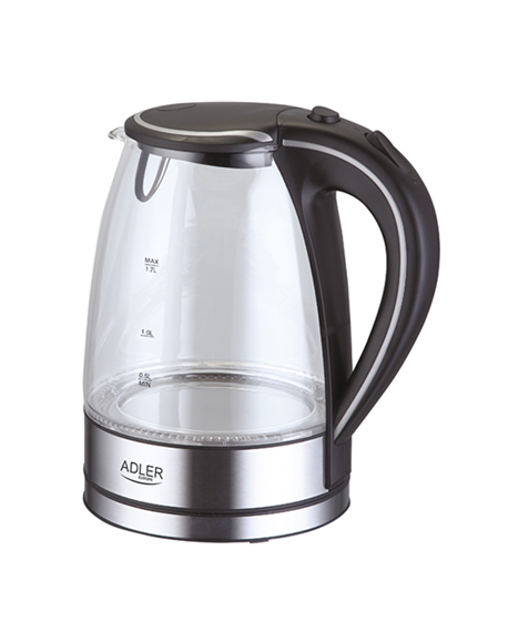 Adler Kettle AD 1225 Standard, 2000 W, 1.7 L, Glass, 360° rotational base, Stainless steel/Black