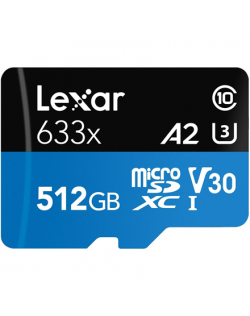 Lexar High-Performance 633x UHS-I MicroSDXC, 512 GB, Flash memory class 10, Black/Blue, Class: A2 V30 U3, 70 MB/s, 100 MB/s