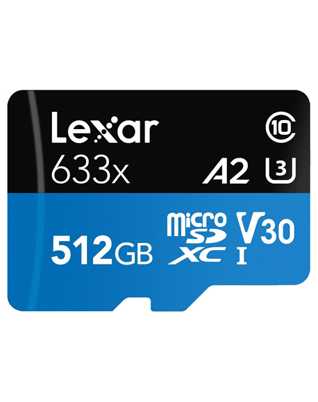 Lexar High-Performance 633x UHS-I MicroSDXC, 512 GB, Flash memory class 10, Black/Blue, Class: A2 V30 U3, 70 MB/s, 100 MB/s