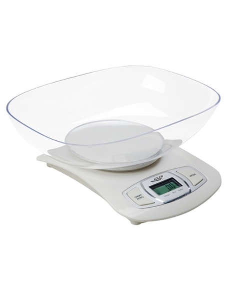 Adler AD 3137 Kitchen scales, Capacity 5 kg , Graduation 1g, Big LCD Display, Auto-zero/Auto-off, Large bowl, White Adler Adler 