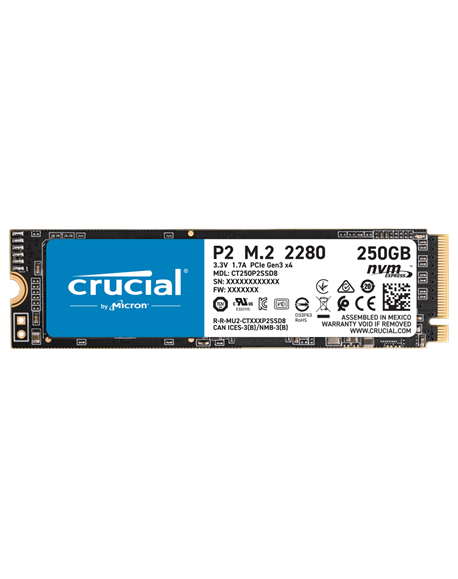 Crucial SSD P2 250 GB, SSD form factor M.2 2280, SSD interface PCIe NVMe Gen 3, Write speed 1150 MB/s, Read speed 2100 MB/s