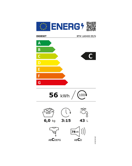 INDESIT Washing machine BTW L60400 EE/N Energy efficiency class C, Top loading, Washing capacity 6 kg, 951 RPM, Depth 60 cm, Wid